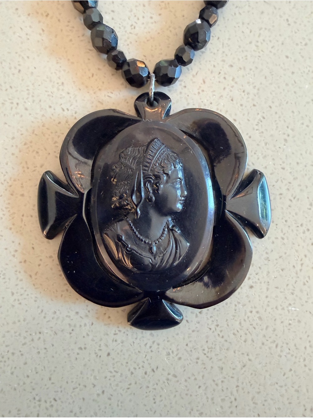 Vintage Mourning Bakelite and Jet Cameo Pendant